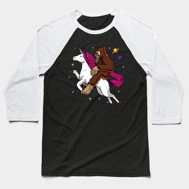 Bigfoot Riding Unicorn Baseball T-Shirt by underheaven